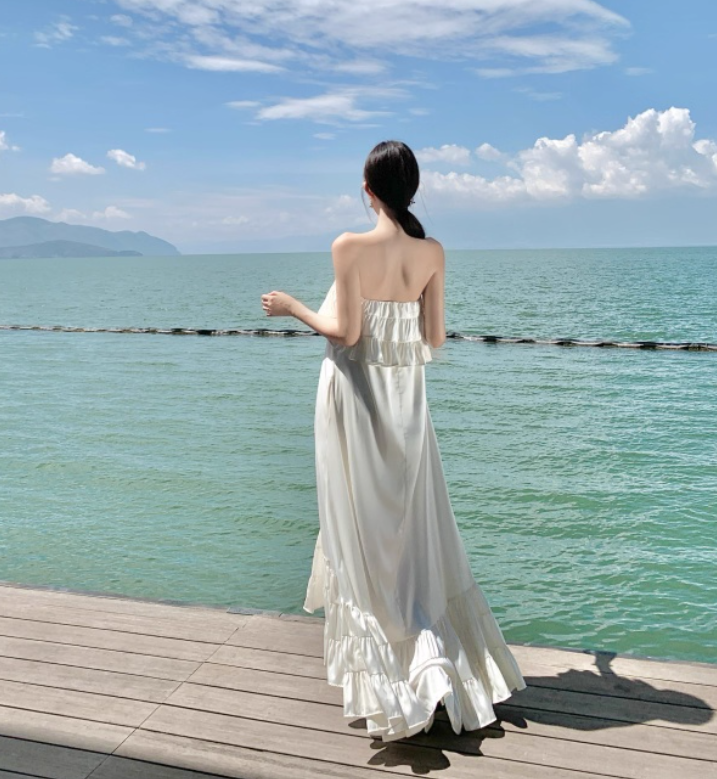 Vintage Ivory Strapless Ruffled Hem Design Elegant Beach Holiday A-Line Sleeveless Summer Dress D1728