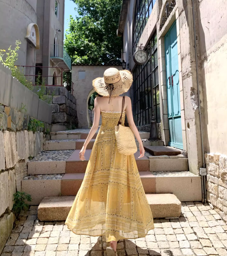 Vintage Yellow Bohemian Style Design Elegant Beach Holiday A-Line Sleeveless Halter Dress Summer Dress Party Dress D1727