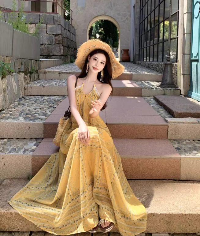 Vintage Yellow Bohemian Style Design Elegant Beach Holiday A-Line Sleeveless Halter Dress Summer Dress Party Dress D1727