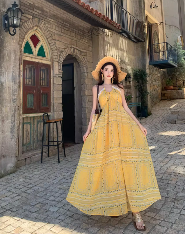 Vintage Yellow Bohemian Style Design Elegant Beach Holiday A-Line Sleeveless Halter Dress Summer Dress Party Dress D1727