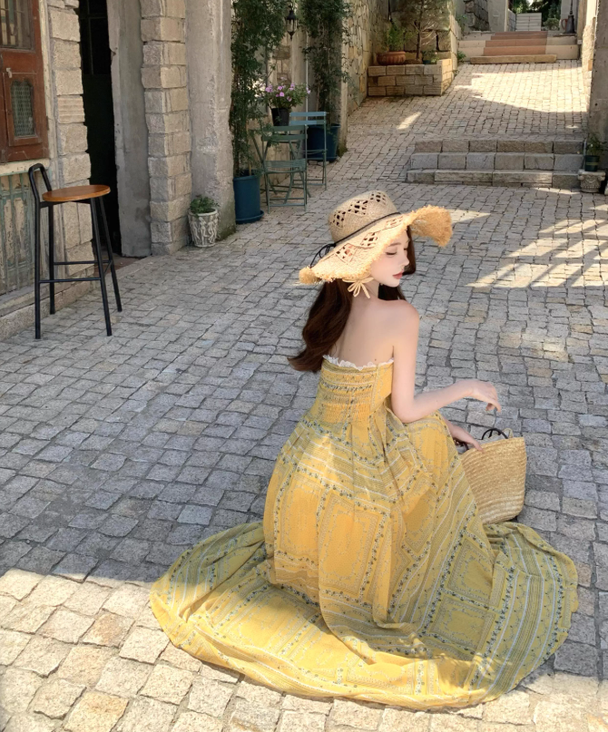 Vintage Yellow Bohemian Style Design Elegant Beach Holiday A-Line Sleeveless Halter Dress Summer Dress Party Dress D1727