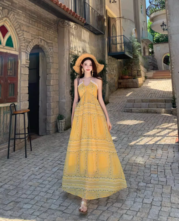 Vintage Yellow Bohemian Style Design Elegant Beach Holiday A-Line Sleeveless Halter Dress Summer Dress Party Dress D1727