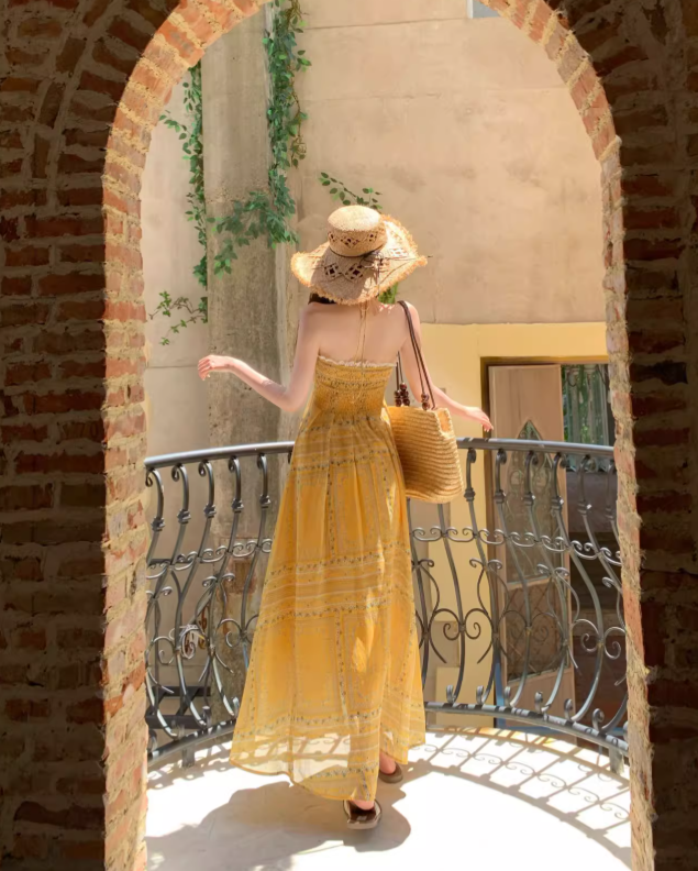 Vintage Yellow Bohemian Style Design Elegant Beach Holiday A-Line Sleeveless Halter Dress Summer Dress Party Dress D1727