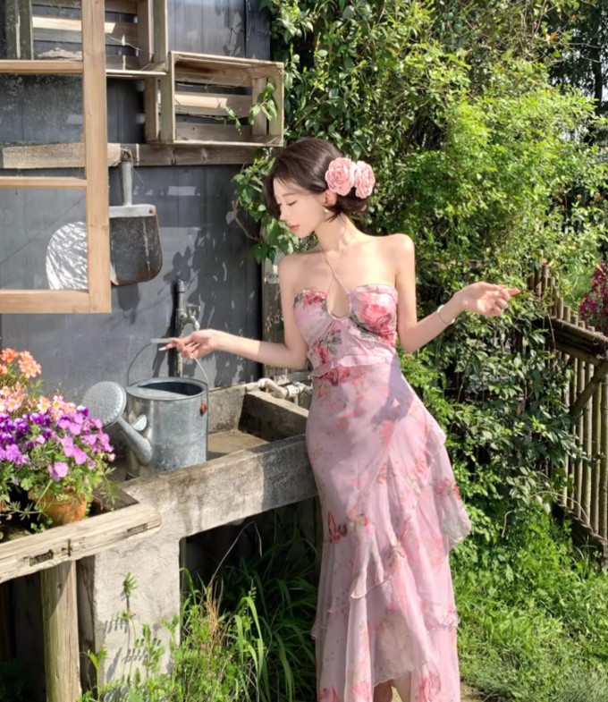 Vintage Pink Floral Irregular Hem Design Elegant Beach Holiday A-Line Sleeveless Halter Dress Summer Dress Party Dress D1726