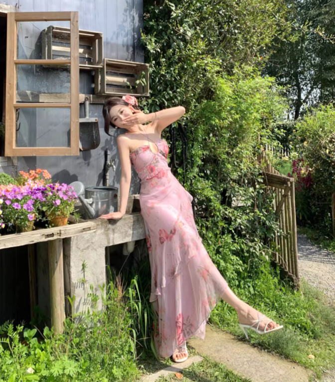 Vintage Pink Floral Irregular Hem Design Elegant Beach Holiday A-Line Sleeveless Halter Dress Summer Dress Party Dress D1726