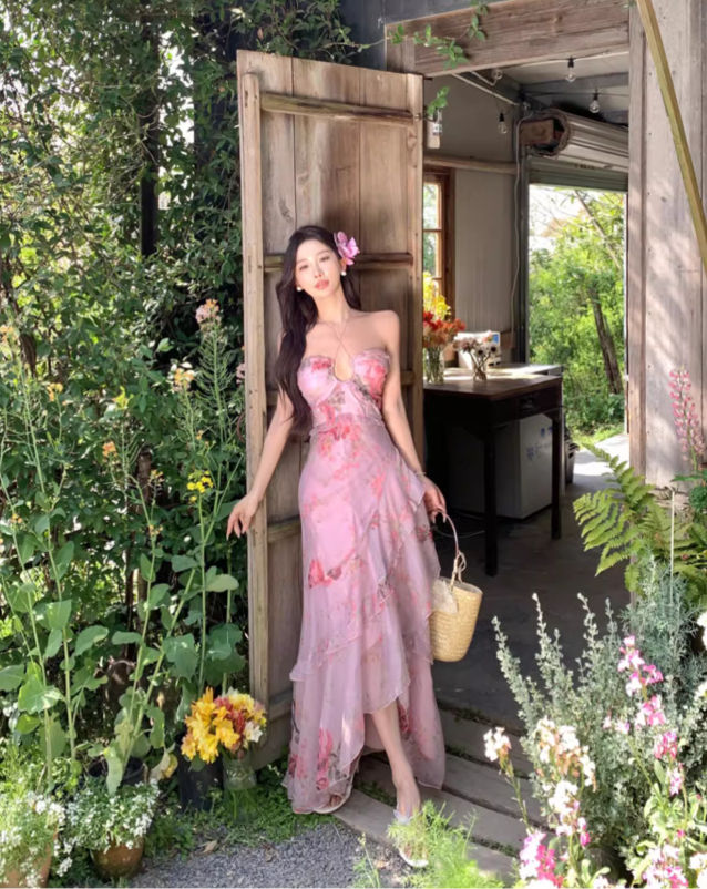 Vintage Pink Floral Irregular Hem Design Elegant Beach Holiday A-Line Sleeveless Halter Dress Summer Dress Party Dress D1726