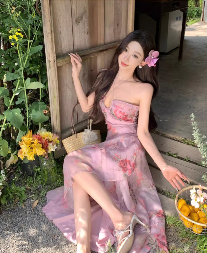 Vintage Pink Floral Irregular Hem Design Elegant Beach Holiday A-Line Sleeveless Halter Dress Summer Dress Party Dress D1726