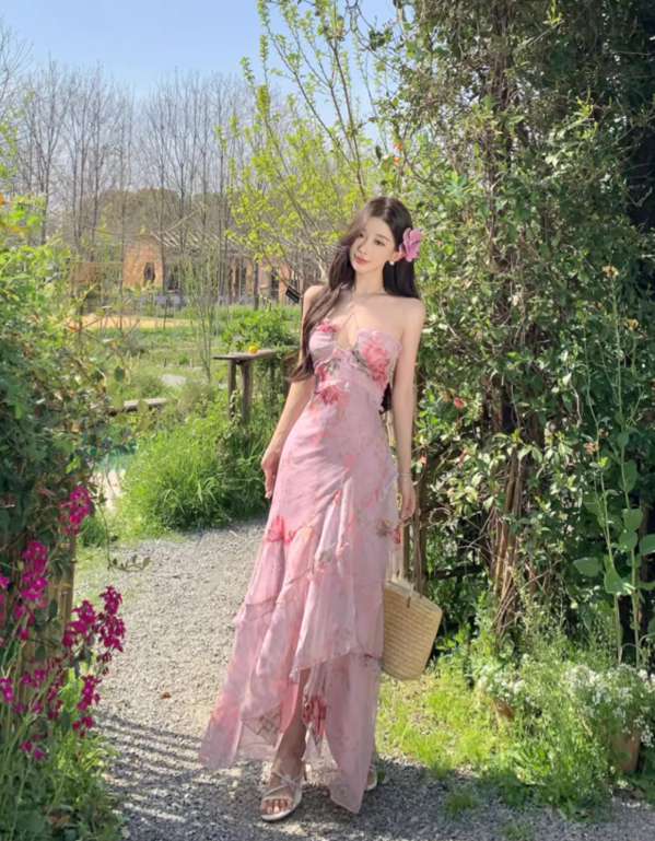 Vintage Pink Floral Irregular Hem Design Elegant Beach Holiday A-Line Sleeveless Halter Dress Summer Dress Party Dress D1726