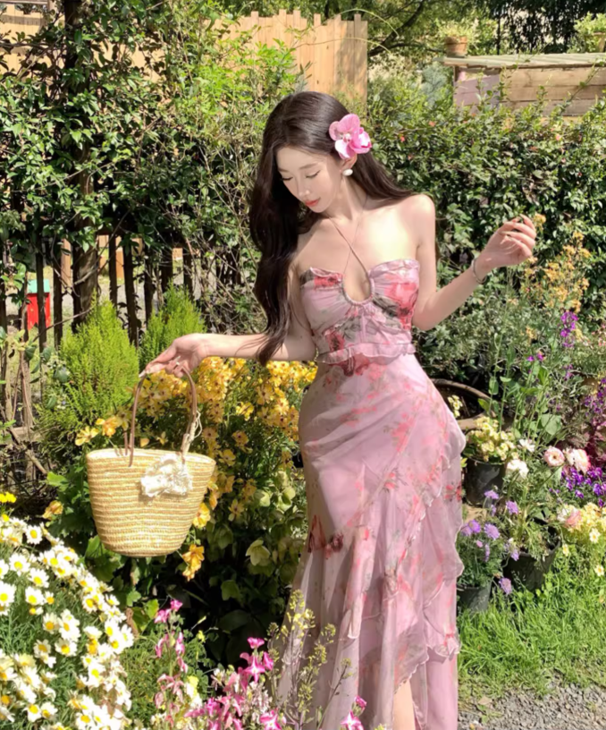 Vintage Pink Floral Irregular Hem Design Elegant Beach Holiday A-Line Sleeveless Halter Dress Summer Dress Party Dress D1726