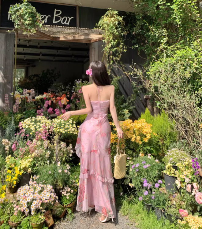 Vintage Pink Floral Irregular Hem Design Elegant Beach Holiday A-Line Sleeveless Halter Dress Summer Dress Party Dress D1726