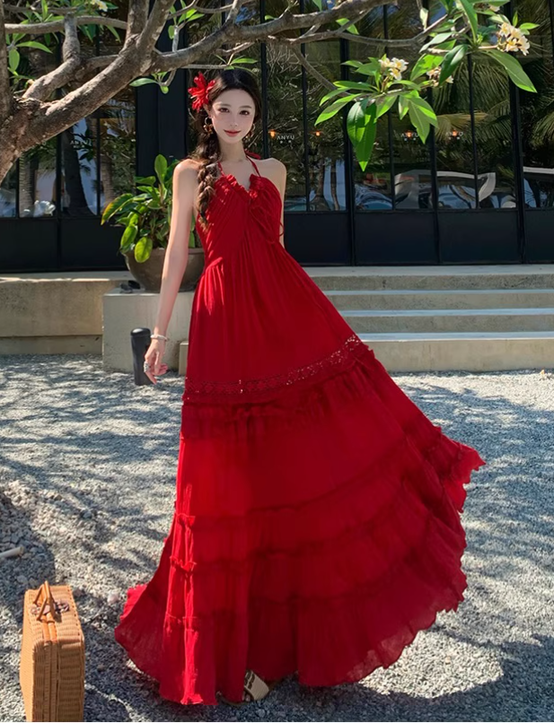 Vintage Burgundy V-neck Design Elegant Beach Holiday A-Line Sleeveless Halter Dress Summer Dress Party Dress , D1725