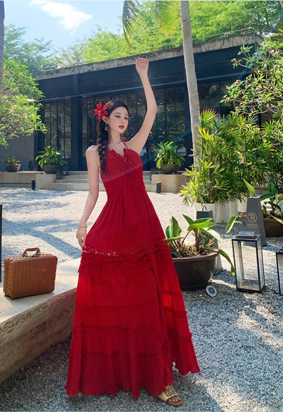 Vintage Burgundy V-neck Design Elegant Beach Holiday A-Line Sleeveless Halter Dress Summer Dress Party Dress , D1725