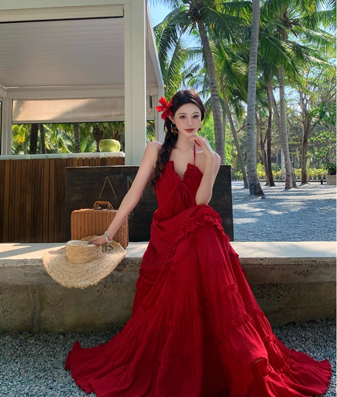 Vintage Burgundy V-neck Design Elegant Beach Holiday A-Line Sleeveless Halter Dress Summer Dress Party Dress , D1725