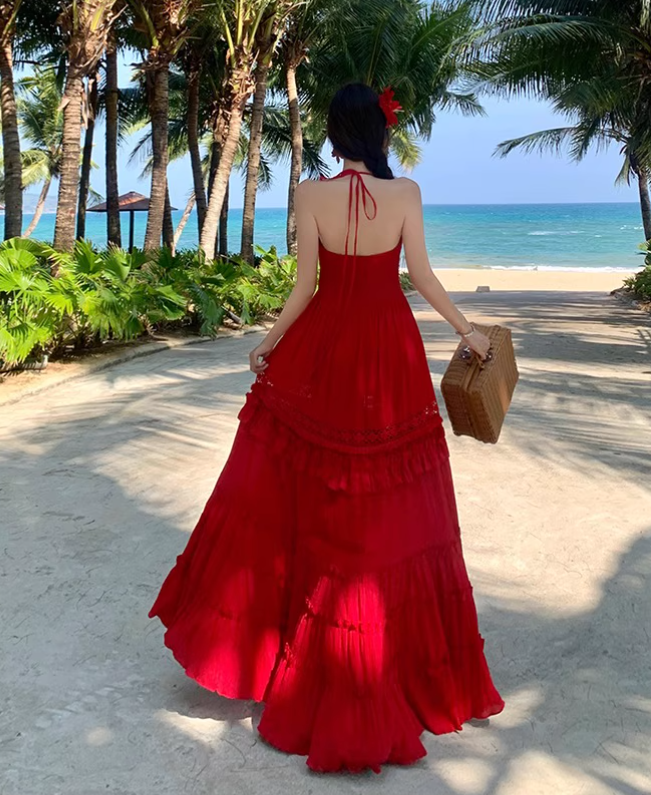 Vintage Burgundy V-neck Design Elegant Beach Holiday A-Line Sleeveless Halter Dress Summer Dress Party Dress , D1725
