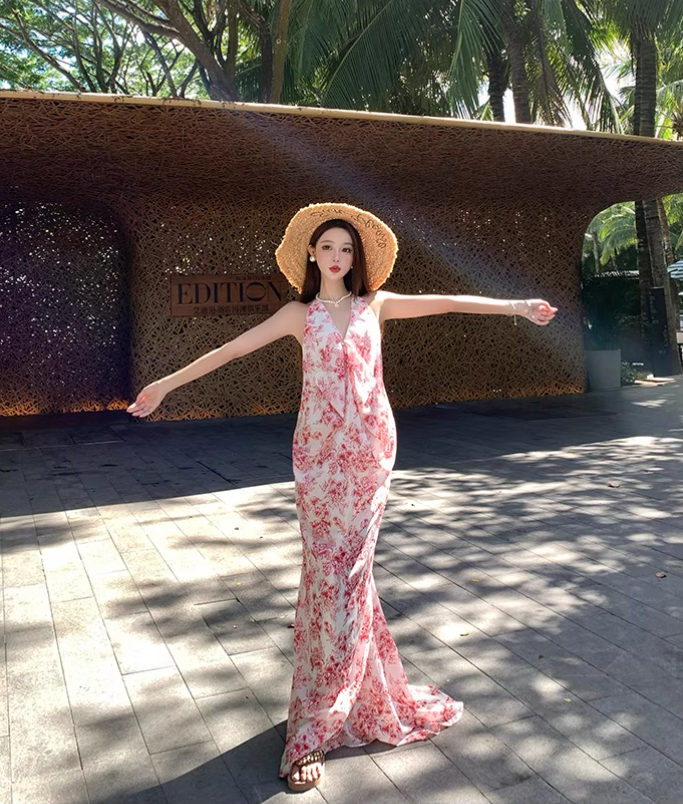 Vintage Pink Floral V-neck Design Elegant Beach Holiday Mermaid Sleeveless Halter Dress Summer Dress Party Dress, D1724