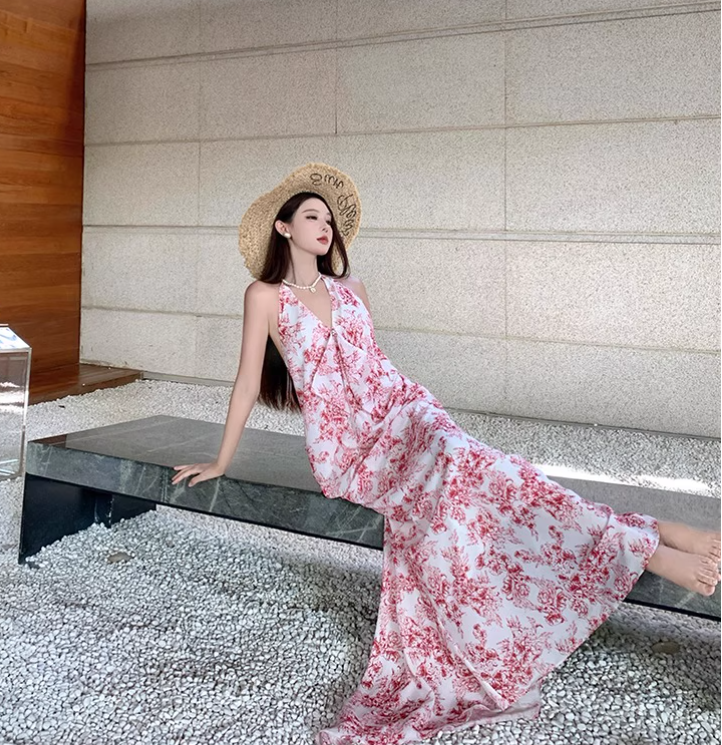 Vintage Pink Floral V-neck Design Elegant Beach Holiday Mermaid Sleeveless Halter Dress Summer Dress Party Dress, D1724