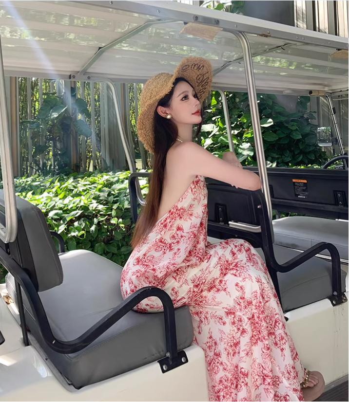 Vintage Pink Floral V-neck Design Elegant Beach Holiday Mermaid Sleeveless Halter Dress Summer Dress Party Dress, D1724