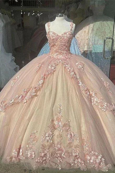 Retro Pink Sweetheart Appliqued 3D Flower A-Line Tulle 18 Birthday Quinceanera Dresses Evening Ball Gowns D1603