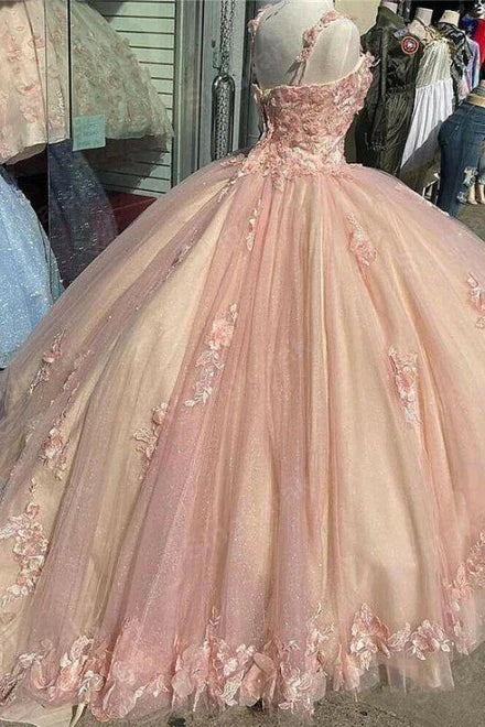 Retro Pink Sweetheart Appliqued 3D Flower A-Line Tulle 18 Birthday Quinceanera Dresses Evening Ball Gowns D1603