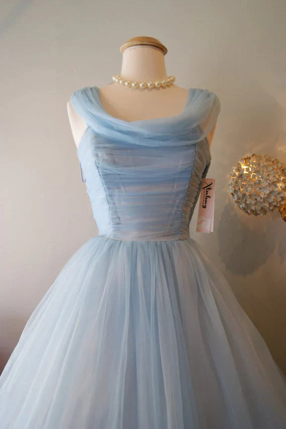 Retro Light Blue Tulle Design A-line Chiffon Party Dress Homecoming Dress Prom Dress Bridesmaid Dress D1626
