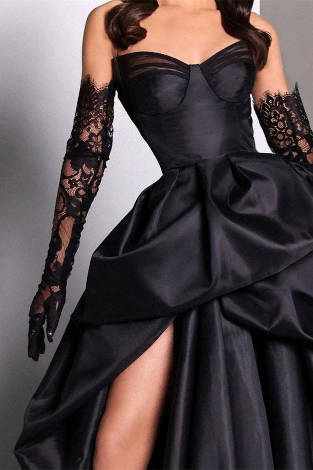Retro Black Sweetheart Irregular Ruffle Hem Lace Gloves Design Elegant A-Line Satin Evening Dress Prom Dress D1605
