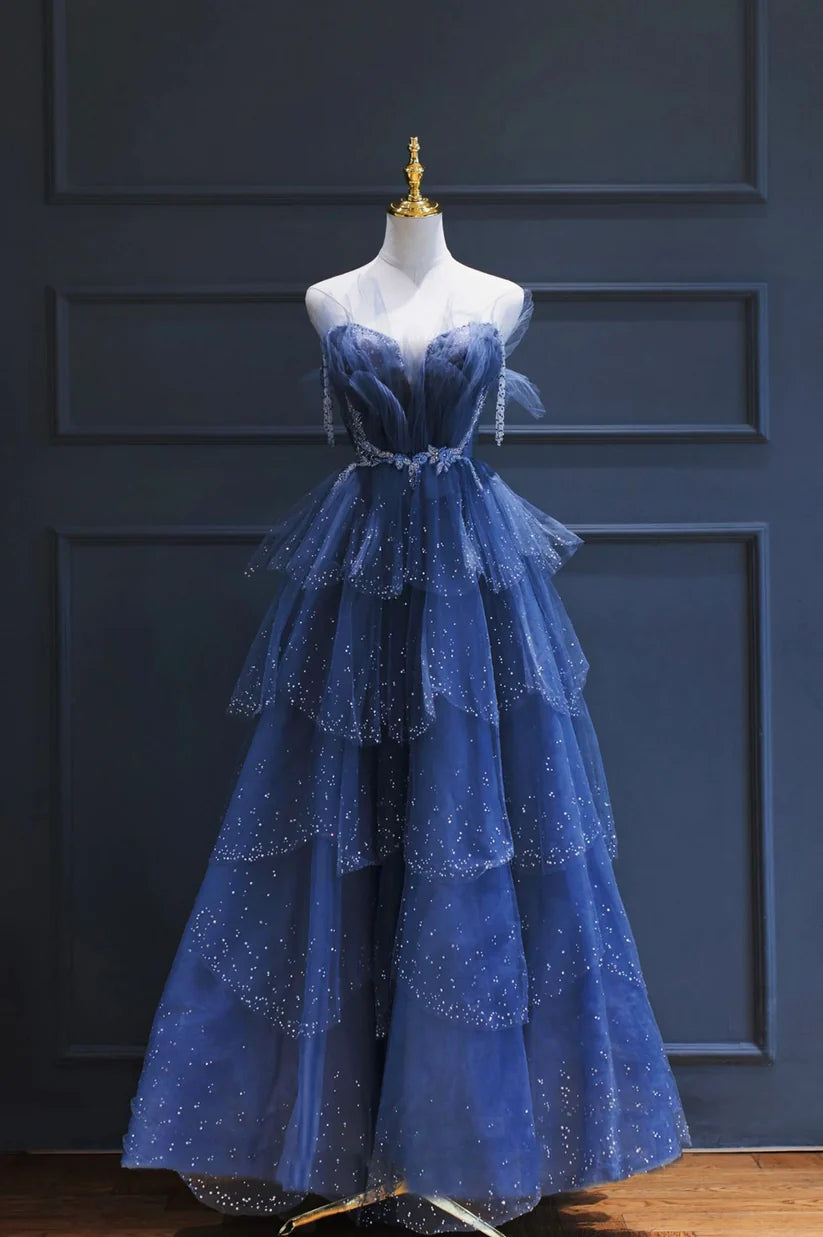 Vintage Blue Beaded Design Elegant A-Line Chiffon Tulle Evening Dress Prom Dress D1602