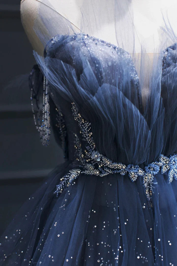 Vintage Blue Beaded Design Elegant A-Line Chiffon Tulle Evening Dress Prom Dress D1602