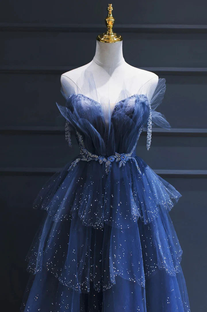 Vintage Blue Beaded Design Elegant A-Line Chiffon Tulle Evening Dress Prom Dress D1602