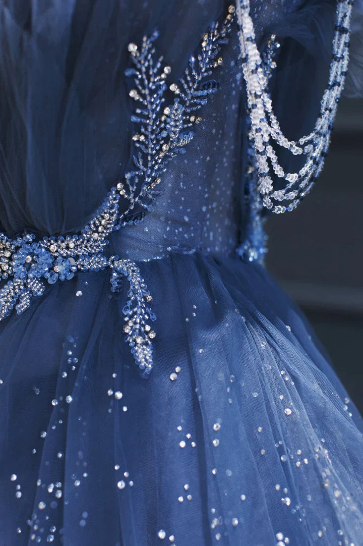 Vintage Blue Beaded Design Elegant A-Line Chiffon Tulle Evening Dress Prom Dress D1602