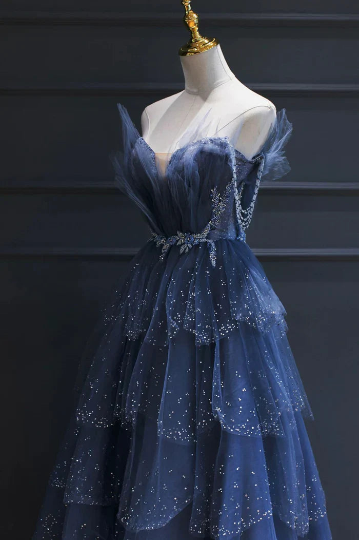 Vintage Blue Beaded Design Elegant A-Line Chiffon Tulle Evening Dress Prom Dress D1602