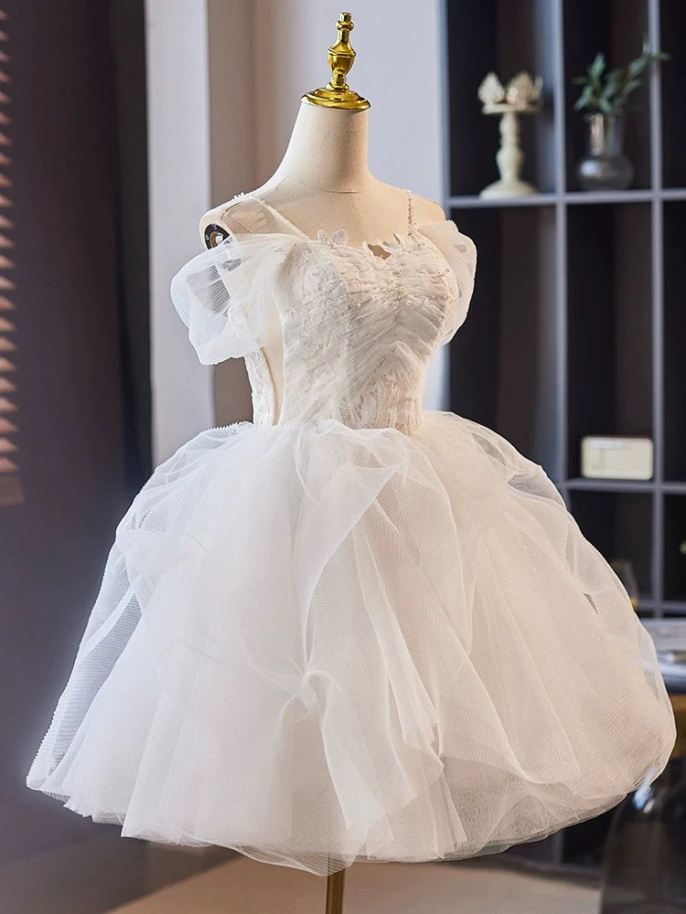 Off Shoulder Sweetheart Homecoming Dress Tulle Lace White Short Prom Dress MD7230