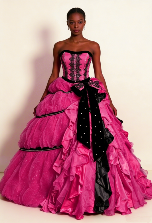 Retro Fuchsia Trägerloses A-Linien-Ballkleid mit Applikationen, Langes Ballkleid, Geburtstagsballkleid, D769
