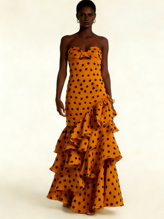 Robe de bal longue à pois rétro, décolleté en cœur, robe de soirée chic, D657