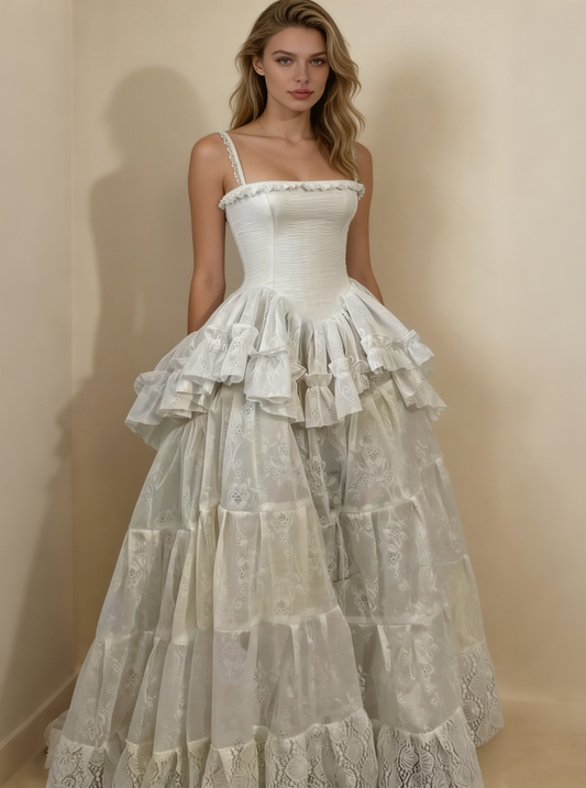 Retro Spaghetti Straps A-Line Lace Ruffles Vintage Wedding Dress Eveing Dress, D862