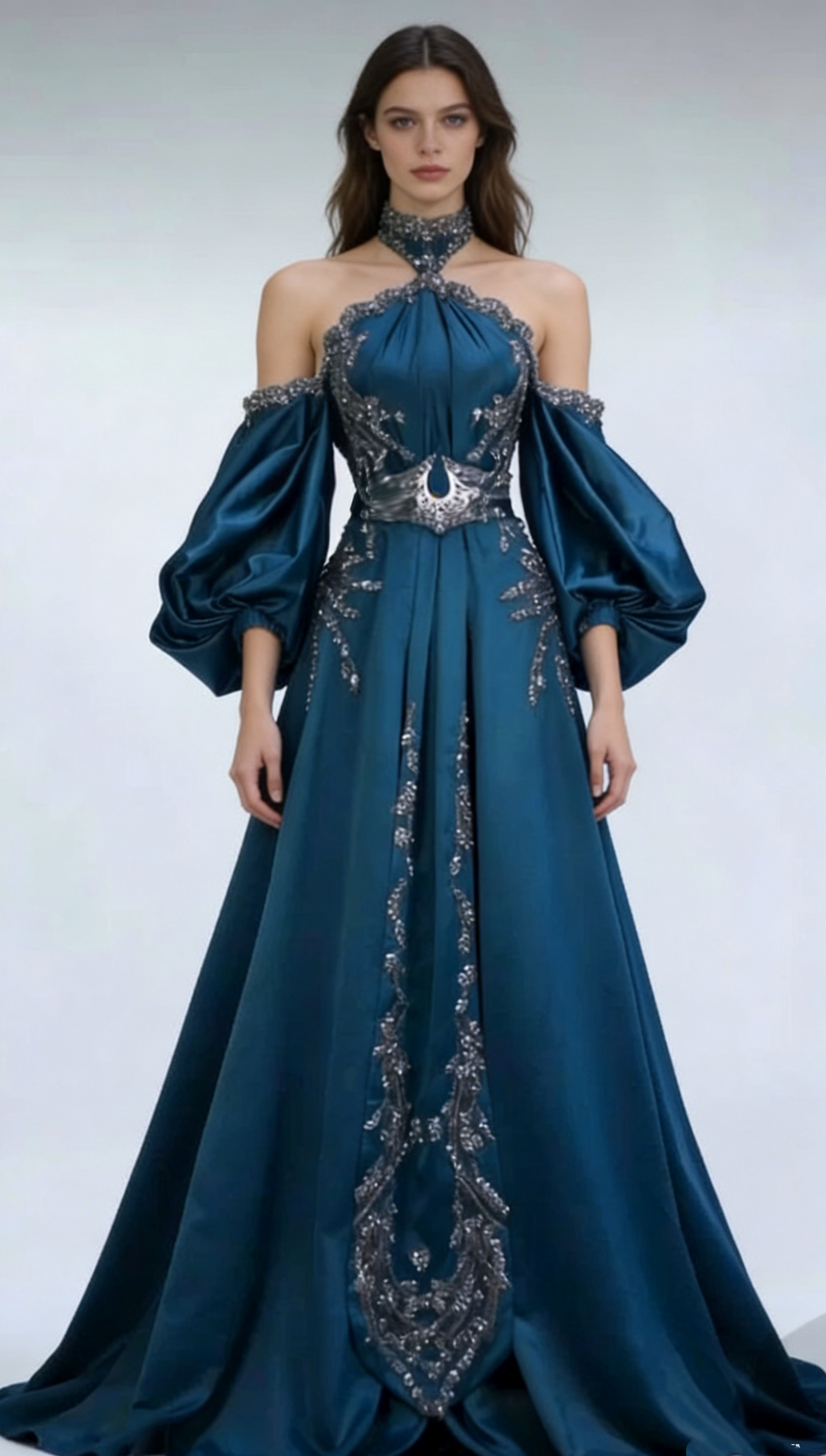 Retro Teal Neckholder A-Linie Perlenbesetzt Schick Langes Partykleid Abendkleid, D935
