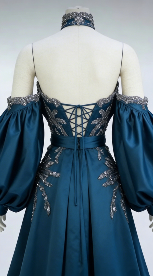 Retro Teal Halter Neck A-Line Beading Chic Long Party Dress Evening Gown, D935
