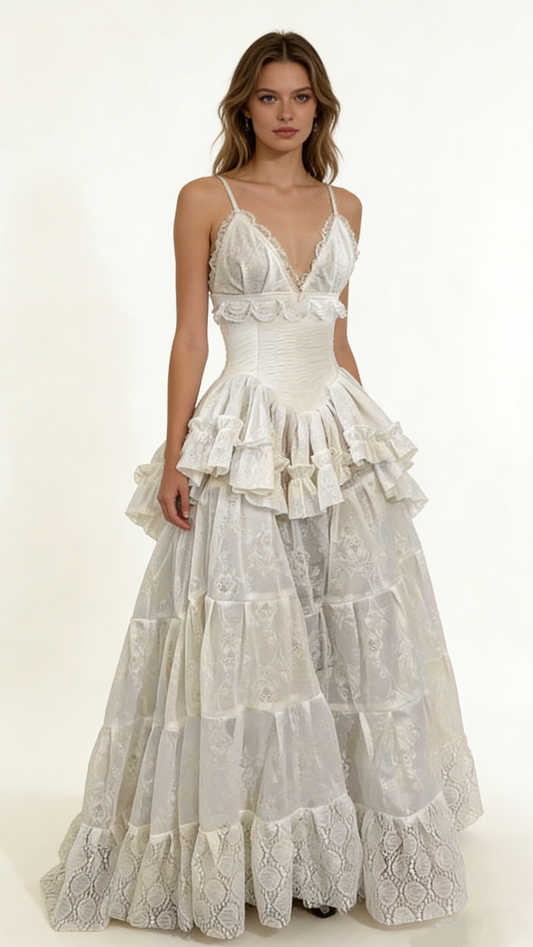 Retro V Neck Straps A-Line Lace Ruffles Vintage Wedding Dress Evening Dress, D861