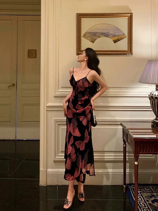 Robe de soirée fourreau en mousseline de soie, style vintage, bretelles spaghetti, col en V, motif floral et papillon, élégante, robe de bal, D1595