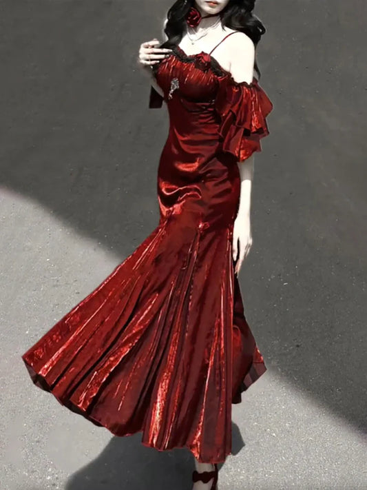 Vintage Burgundy Spaghetti Strap Mermaid Design Elegant Satin Evening Dress Prom Dress D1579
