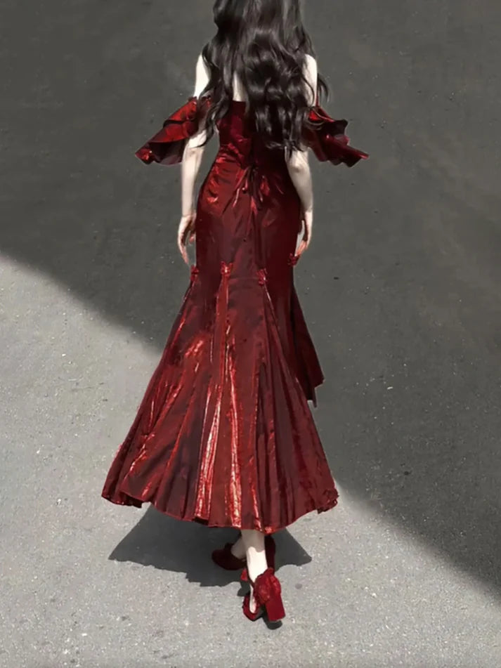 Vintage Burgundy Spaghetti Strap Mermaid Design Elegant Satin Evening Dress Prom Dress D1579
