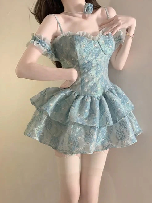 Robe de soirée rétro bleu clair à bretelles spaghetti et motif floral, coupe trapèze, mini, à volants, pour 16e anniversaire, D1520