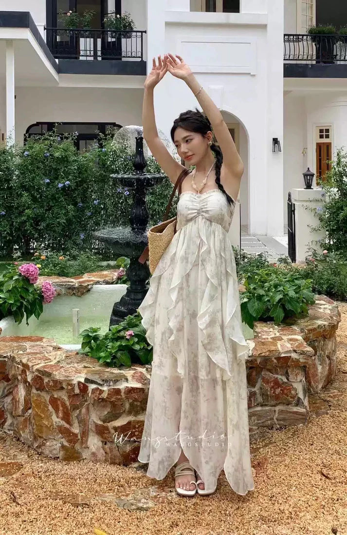 Floral Ruffle Design Halter Dress Elegant A-line Chiffon Evening Party Dress D1599