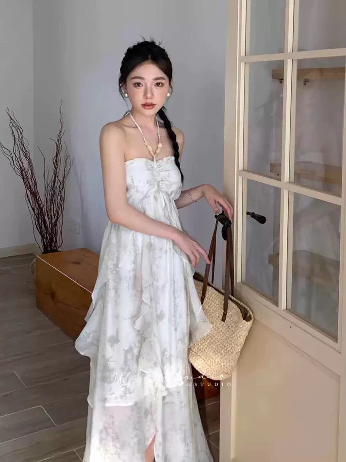 Floral Ruffle Design Halter Dress Elegant A-line Chiffon Evening Party Dress D1599