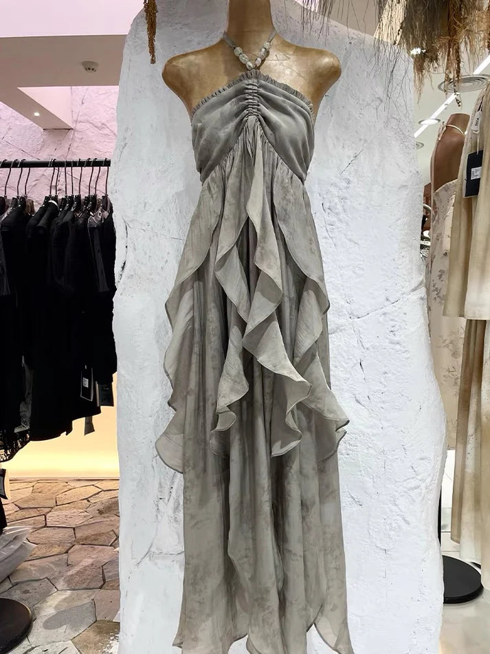 Floral Ruffle Design Halter Dress Elegant A-line Chiffon Evening Party Dress D1599