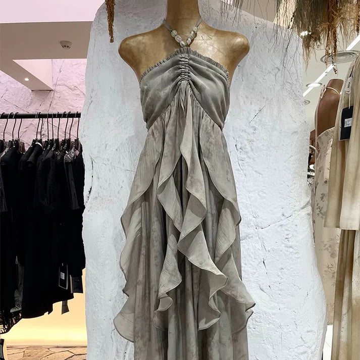 Floral Ruffle Design Halter Dress Elegant A-line Chiffon Evening Party Dress D1599