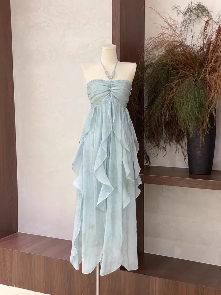 Floral Ruffle Design Halter Dress Elegant A-line Chiffon Evening Party Dress D1599