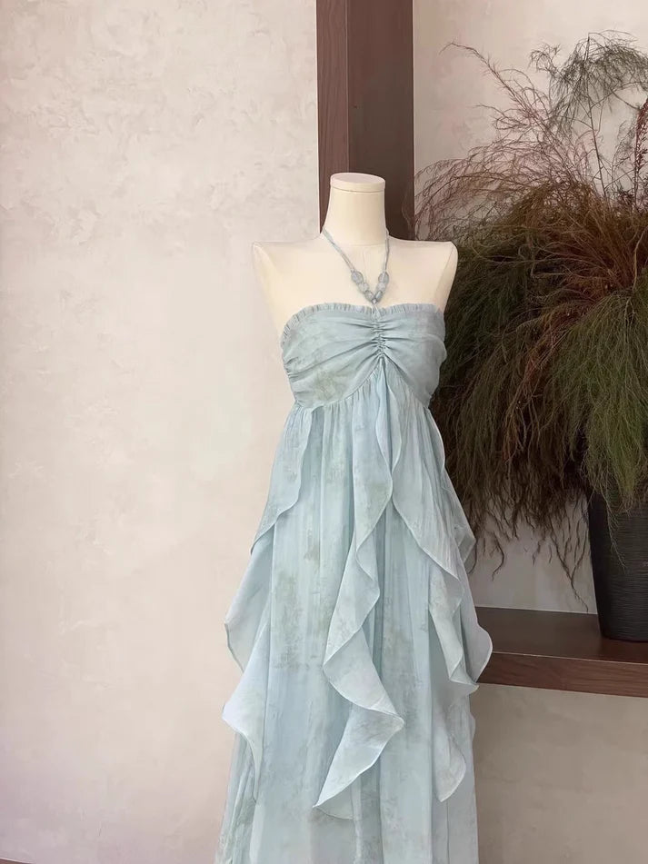 Floral Ruffle Design Halter Dress Elegant A-line Chiffon Evening Party Dress D1599