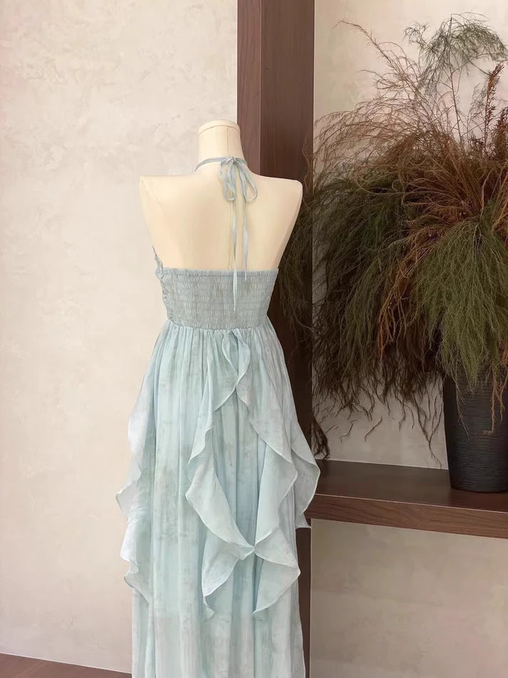 Floral Ruffle Design Halter Dress Elegant A-line Chiffon Evening Party Dress D1599