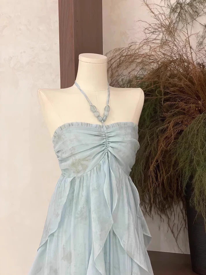 Floral Ruffle Design Halter Dress Elegant A-line Chiffon Evening Party Dress D1599