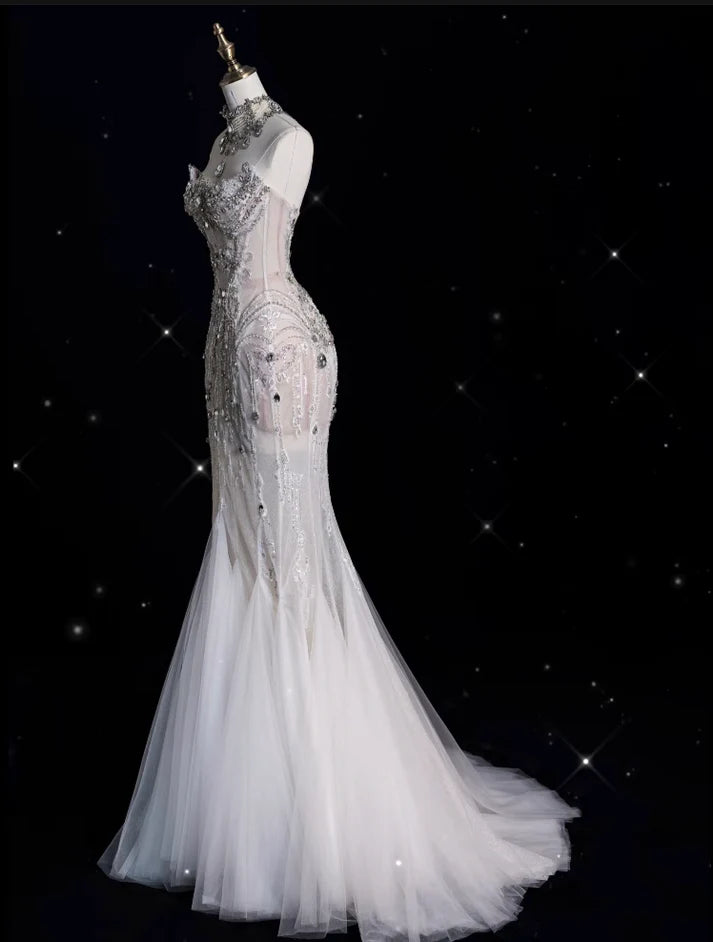 Vintage Sparkling Beaded Mermaid Design Strapless Princess Wedding Dress, D1588